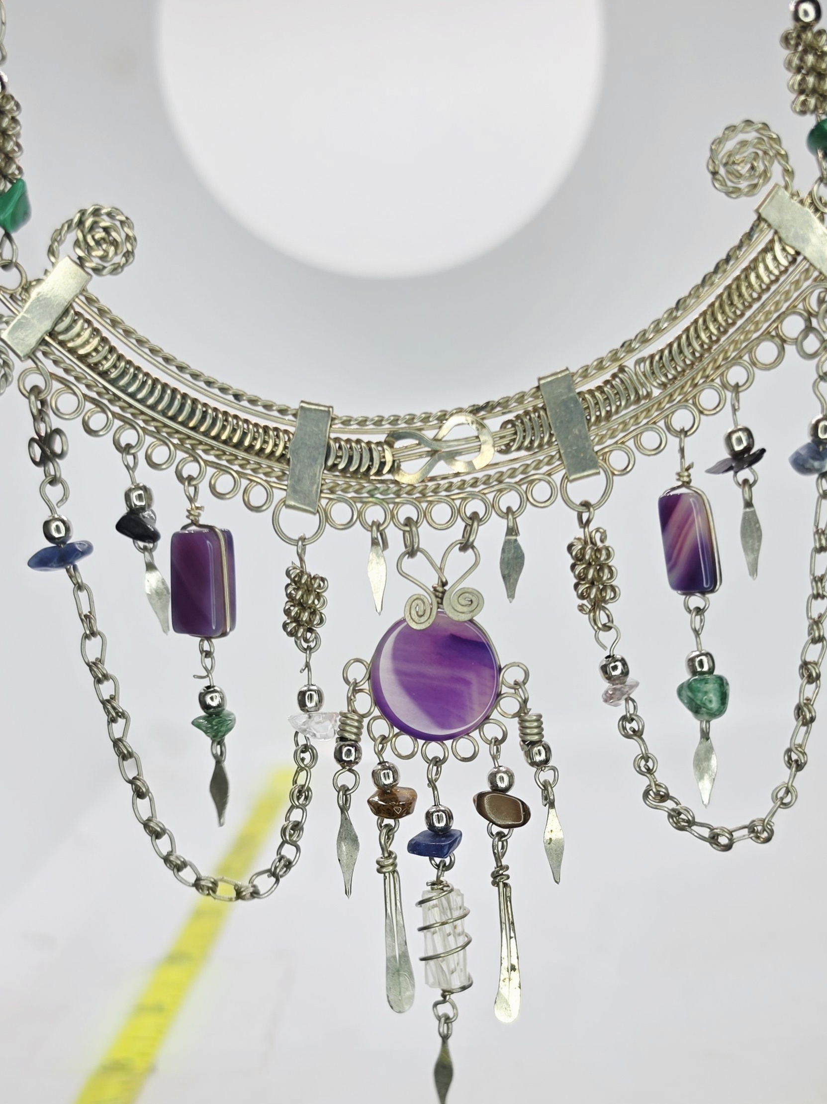 Vtg Boho Artisan Cleopatra Style Bib Festoon Necklace Multi Stone Silvertone